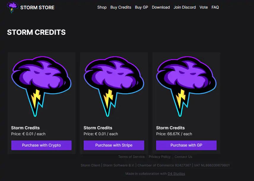 Purchase credits on Storm website