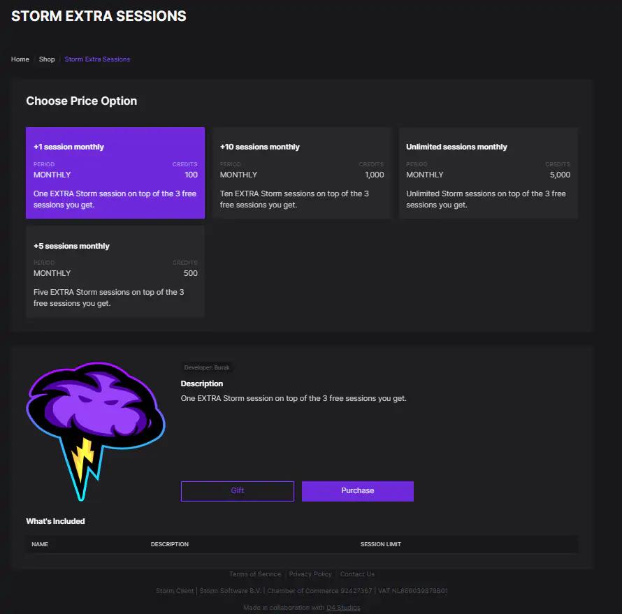 Additional sessions purchase on Storm website